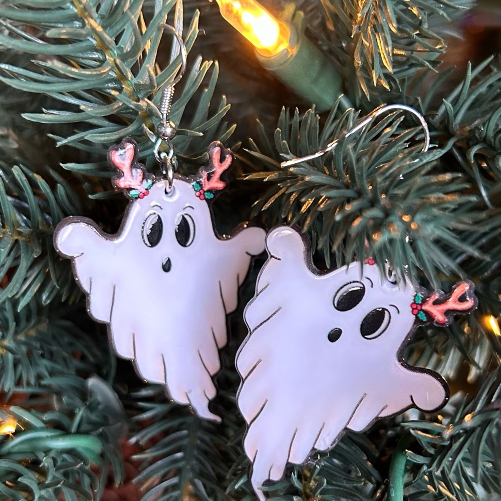 Ghost with Reindeer Antlers ~ Earrings ~ Double sided ~ Brand New!